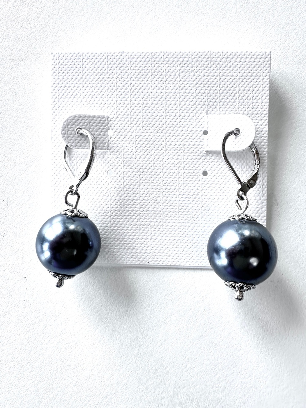 Latchback or Lever Back Silver Tone Round Faux Black Pearl Dangle Earrings
